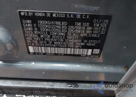 2025 Honda Hr-V Awd Sport из США, поврежденный, VIN 3CZRZ2H55SM775025